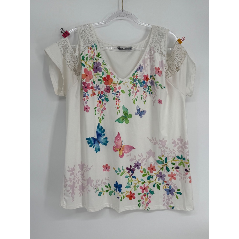 Noracora White Floral Butterfly Cold Shoulder Lace Top XXL 1335101#
